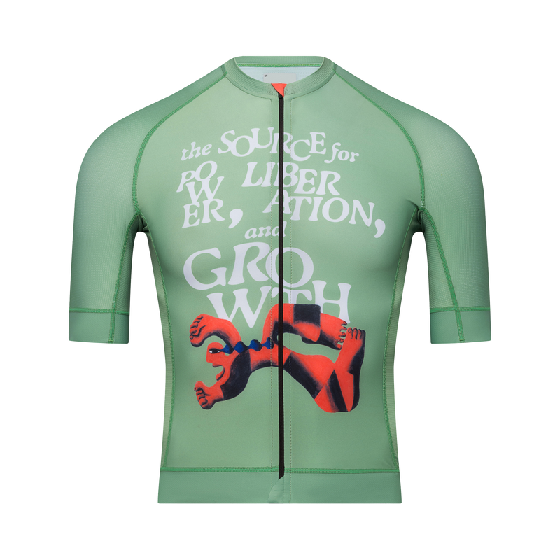 Race fit green cycling jersey with crying man and fist artwork