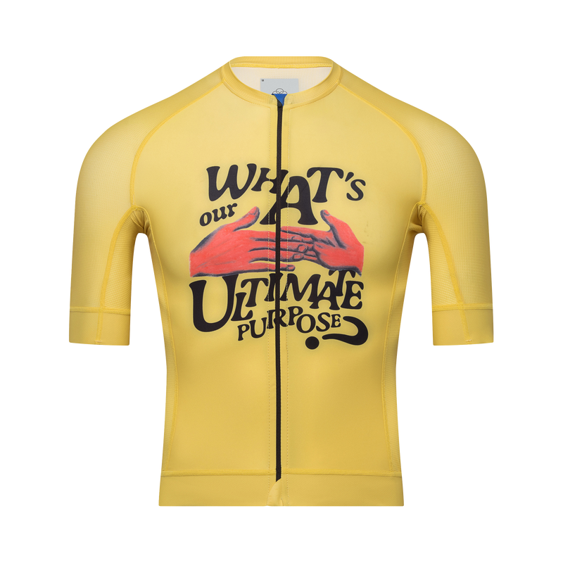 Yellow cycling jersey with hand and apple artwork