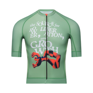 Race fit green cycling jersey with crying man and fist artwork