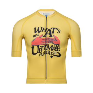 Yellow cycling jersey with hand and apple artwork
